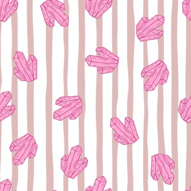 Pembe tonlarda rastgele ve pürüzsüz desenler. Çizgili arka plan. Çizgi film mücevherleri. Kumaş tasarımı, tekstil baskısı, ambalaj ve kapak için tasarlandı. Vektör illüstrasyonu.