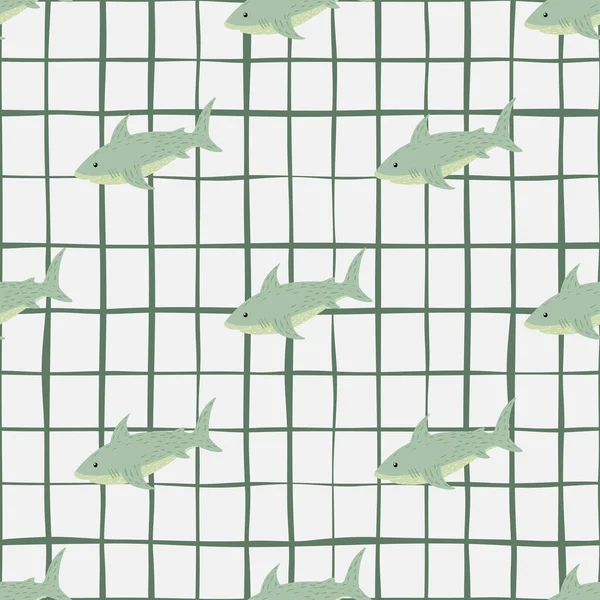 Wildlife Water Seamless Animal Pattern Green Shark Shapes White Chequered — Stock Vector
