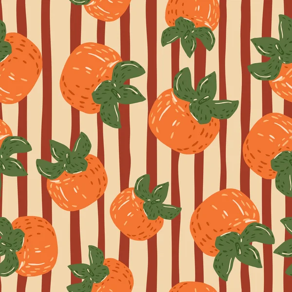 Willekeurig Naadloos Doodle Patroon Met Oranje Persimmons Ornament Gestreepte Achtergrond — Stockvector