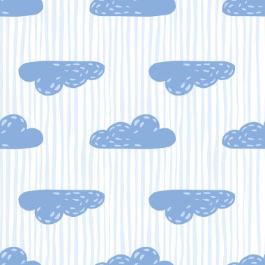 Basit mavi bulutlar, pürüzsüz desenler. Açık çizgili arka plan. Hava durumu. Kumaş tasarımı için dekoratif zemin, tekstil baskısı, ambalaj, kapak. Vektör illüstrasyonu.