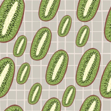 Sağlıklı kivi yeşili şekilli rastgele dikişsiz yemek kalıpları. Gri çizgili arka plan. Kumaş tasarımı, tekstil baskısı, ambalaj ve kapak için tasarlandı. Vektör illüstrasyonu.