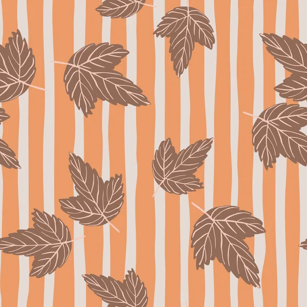 Бесшовный Случайный Осенний Рисунок Коричневыми Листьями Силуэтов Полосатый Коралл Серый — стоковый вектор