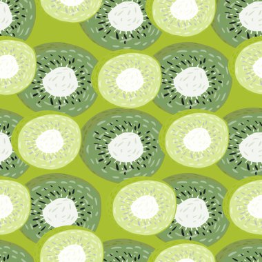 Yeşil tonlu, kivi süslemeli, soyut, dikişsiz karalama deseni. Basit yemek çizimleri. Kumaş tasarımı, tekstil baskısı, ambalaj ve kapak için tasarlandı. Vektör illüstrasyonu.