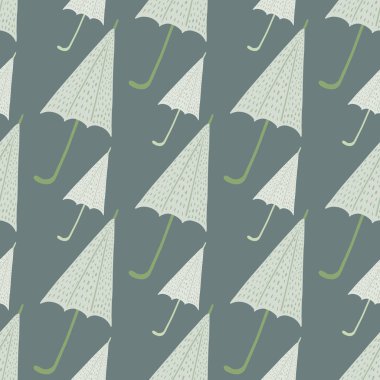 Gri palet, mevsimlik şemsiye elementleriyle kusursuz sonbahar deseni. Sonbahar aksesuar baskısı. Kumaş tasarımı için dekoratif zemin, tekstil baskısı, ambalaj, kapak. Vektör illüstrasyonu.