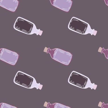 Gerekli yağ şişesi süsüsüyle koyu ve pürüzsüz desen. Aromaterapi izi gri ve leylak renginde. Kumaş tasarımı, tekstil baskısı, ambalaj ve kapak için mükemmel. Vektör illüstrasyonu.