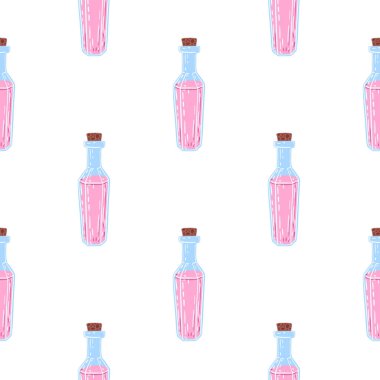 Sihirli iksir şişesi süsüsüyle izole edilmiş kusursuz desen. Beyaz arka planda pembe sıvılar. Kumaş tasarımı, tekstil baskısı, ambalaj ve kapak için tasarlandı. Vektör illüstrasyonu