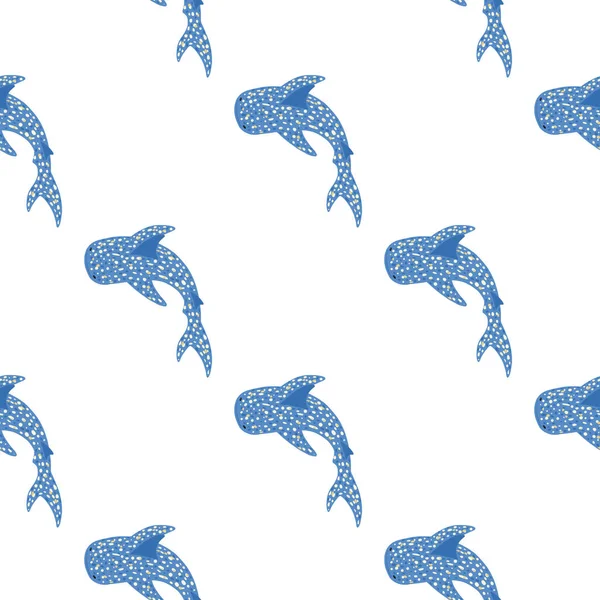 Minimalistic Isolated Seamless Pattern Little Blue Whale Sharks Silhouettes White —  Vetores de Stock