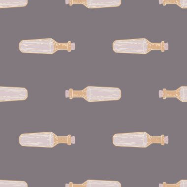 Elle çizilmiş iksir şişesi şekilli klasik dikişsiz karalama deseni. Gri arka plan. Kumaş tasarımı, tekstil baskısı, ambalaj ve kapak için tasarlandı. Vektör illüstrasyonu
