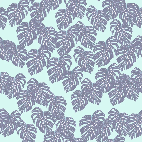 Petit Motif Sans Couture Ornement Monstera Aléatoire Violet Fond Bleu — Image vectorielle
