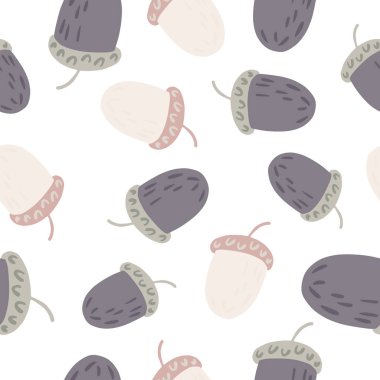 Gri ve bej rengi rastgele kestane süsü ile izole edilmiş, pürüzsüz desen. Beyaz arka plan. Kumaş tasarımı, tekstil baskısı, ambalaj ve kapak için tasarlandı. Vektör illüstrasyonu.