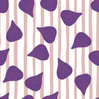 Gıda egzotik incir elementleriyle rastgele ve pürüzsüz desen. Çizgili ışık arka planında mor meyve süsü. Kumaş tasarımı, tekstil baskısı, ambalaj ve kapak için tasarlandı. Vektör illüstrasyonu.