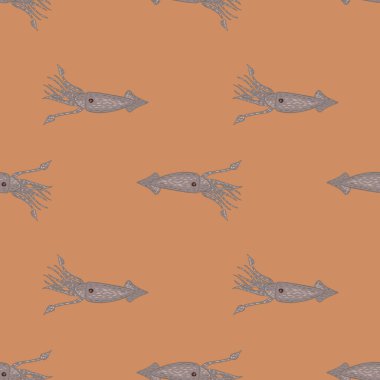 Gri basit mürekkep balığı siluetleriyle su altında pürüzsüz desen. Bej arka plan. Kumaş tasarımı için dekoratif zemin, tekstil baskısı, ambalaj, kapak. Vektör illüstrasyonu