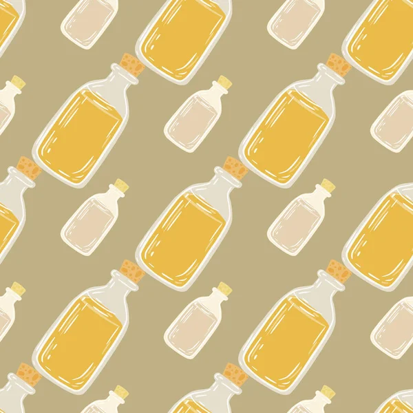 Sarı yağ şişesi süsüsüyle kusursuz karalama deseni. Bej arka plan. Sağlıklı ilaç arkaplanı. Kumaş tasarımı, tekstil baskısı, ambalaj ve kapak için mükemmel. Vektör illüstrasyonu.