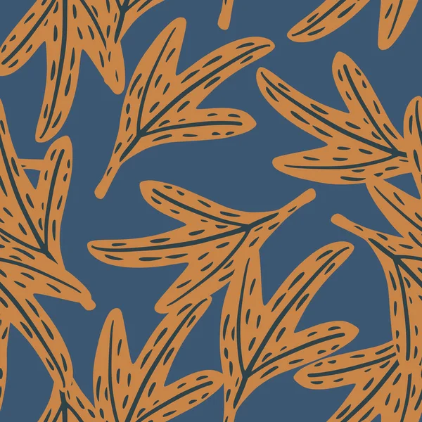 オレンジの葉のシンプルな装飾が施されたランダム抽象的な植物シームレスパターン 青の背景 生地デザイン テキスタイルプリント ラッピング カバーに最適です ベクターイラスト — ストックベクタ