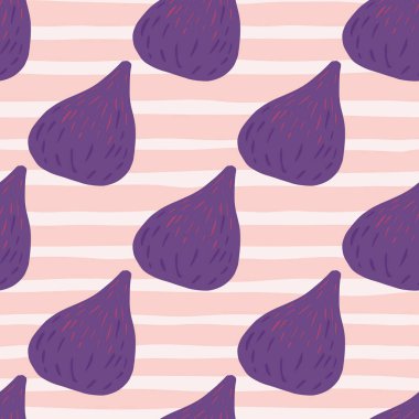 Mor incir, basit, pürüzsüz karalama deseni. Pembe ve beyaz pastel çizgili arka plan. Kumaş tasarımı, tekstil baskısı, ambalaj ve kapak için tasarlandı. Vektör illüstrasyonu.