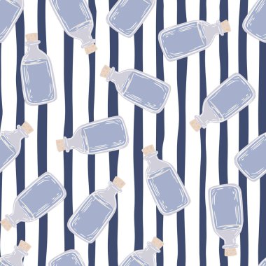 Aromaterapi, mavi yağ şişesi süsüsüyle rastgele ve pürüzsüz desen. Çizgili karşıtlık arkaplanı. Kumaş tasarımı, tekstil baskısı, ambalaj ve kapak için mükemmel. Vektör illüstrasyonu.