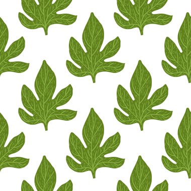 Elle çizilmiş yeşil yapraklı kusursuz karalama deseni. Beyaz arka plan. Kumaş tasarımı için dekoratif zemin, tekstil baskısı, ambalaj, kapak. Vektör illüstrasyonu