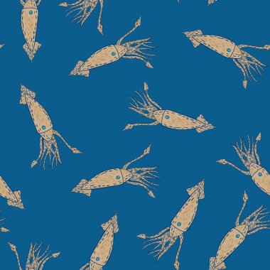 Bej mürekkep balığı süsüyle kusursuz minimalist desen. Mavi parlak arka plan. Doğa baskısı. Kumaş tasarımı için dekoratif zemin, tekstil baskısı, ambalaj, kapak. Vektör illüstrasyonu.