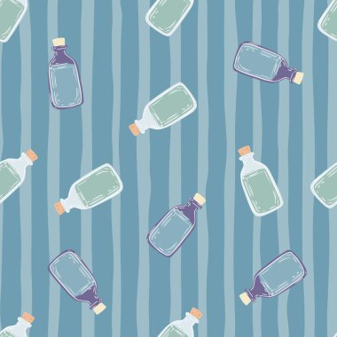 Mavi tonlu, rastlantısal, dikişsiz karalama deseni temel yağlar süslemesi. Şişe arka planı mavi renklerde. Kumaş tasarımı, tekstil baskısı, ambalaj ve kapak için mükemmel. Vektör illüstrasyonu.