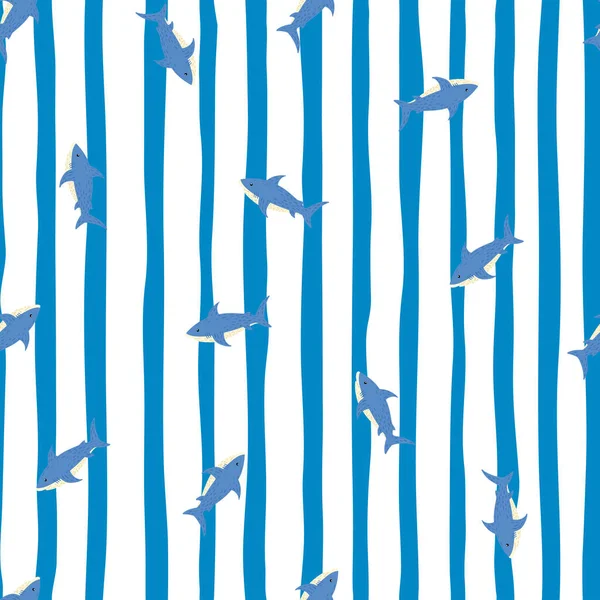 小さな青いサメと対照的な動物の野生のシームレスなパターン 背景を剥ぎ取られた 明るい熱帯のアートワーク ファブリックデザイン テキスタイルプリント ラッピング カバーのための装飾的な背景 ベクターイラスト — ストックベクタ