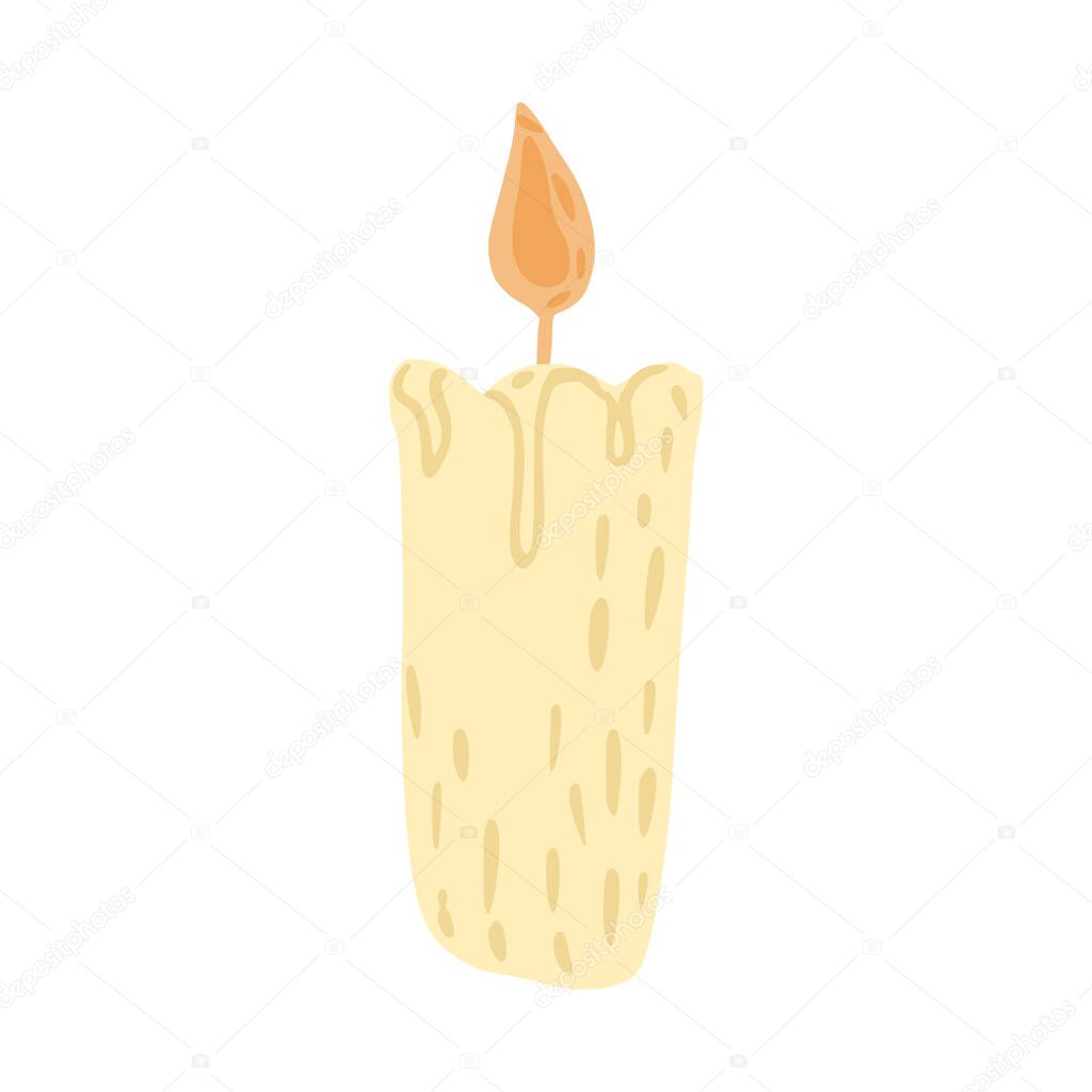 Candle isolated on white background. Cartoon cute holiday decoration hand drawn. Doodle vector illustration.