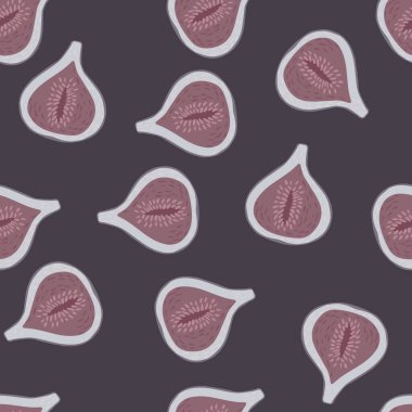 İncir siluetleriyle, minimalist, koyu renkli, pürüzsüz bir desen. Soluk tropikal gıda arkaplanı. Kumaş tasarımı, tekstil baskısı, ambalaj ve kapak için tasarlandı. Vektör illüstrasyonu.