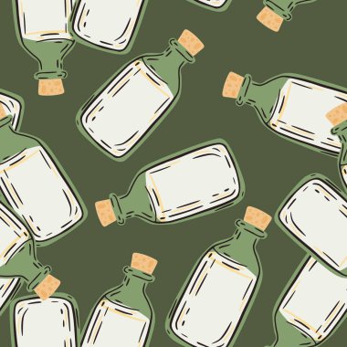 Beyaz ve yeşil renkli tıbbi şişeleri olan rastgele, kusursuz eczane deseni. Kumaş tasarımı, tekstil baskısı, ambalaj ve kapak için mükemmel. Vektör illüstrasyonu.