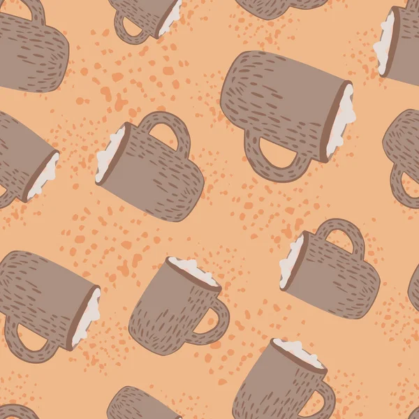 Random Seamless Cartoon Pattern Flat Hot Chocolate Marshmallow Silhouettes Beige — Stock Vector