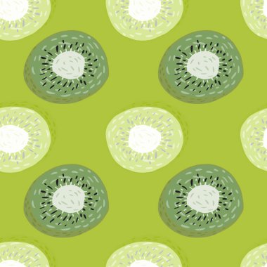 Tropik kivi dilimleri kusursuz yemek kalıplarını şekillendirir. El çizimleri yeşil tonlarda. Kumaş tasarımı, tekstil baskısı, ambalaj ve kapak için tasarlandı. Vektör illüstrasyonu.