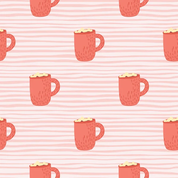 Cartoon Seamless Xmas Pattern Hygge Pink Cocoa Cup Marshmallow Striped — Stock Vector