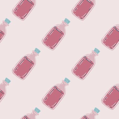 Tıbbi şişe şekilli, eczacının kusursuz deseni. Pembe palet çizimi. Kumaş tasarımı, tekstil baskısı, ambalaj ve kapak için mükemmel. Vektör illüstrasyonu.