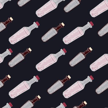 Pastel pembe şişe sihirbazlık süsüsüyle kusursuz bir desen. Siyah arka plan. Kumaş tasarımı, tekstil baskısı, ambalaj ve kapak için tasarlandı. Vektör illüstrasyonu