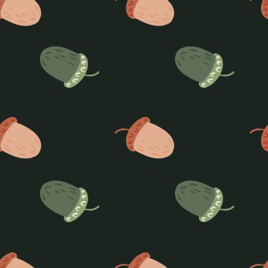 Orman yeşili ve pembe sonbahar süsüsüyle minimalist, pürüzsüz desen. Siyah arka plan. Kumaş tasarımı, tekstil baskısı, ambalaj ve kapak için mükemmel. Vektör illüstrasyonu.