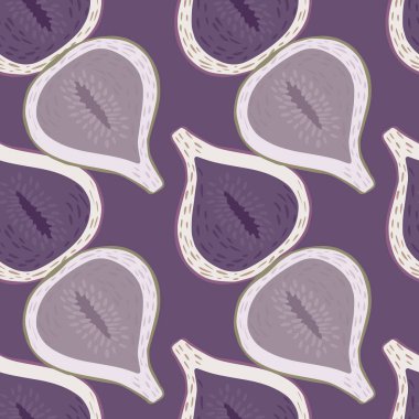 Dekoratif incir süsüsüyle soyut, pürüzsüz desen. Mor palet yemek arkaplanı. Kumaş tasarımı, tekstil baskısı, ambalaj ve kapak için mükemmel. Vektör illüstrasyonu.