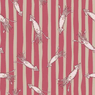 Unerwater, kalamar elementleriyle rastgele dizilmiş. Pembe çizgili arka plan. Kumaş tasarımı için dekoratif zemin, tekstil baskısı, ambalaj, kapak. Vektör illüstrasyonu