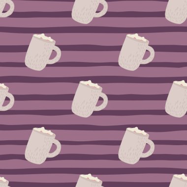 Pastel bayram çikolatalı bardakları, dikişsiz lokum desenli. Mor çizgili arka plan. Kumaş tasarımı, tekstil baskısı, ambalaj, kapak için harika. Vektör illüstrasyonu