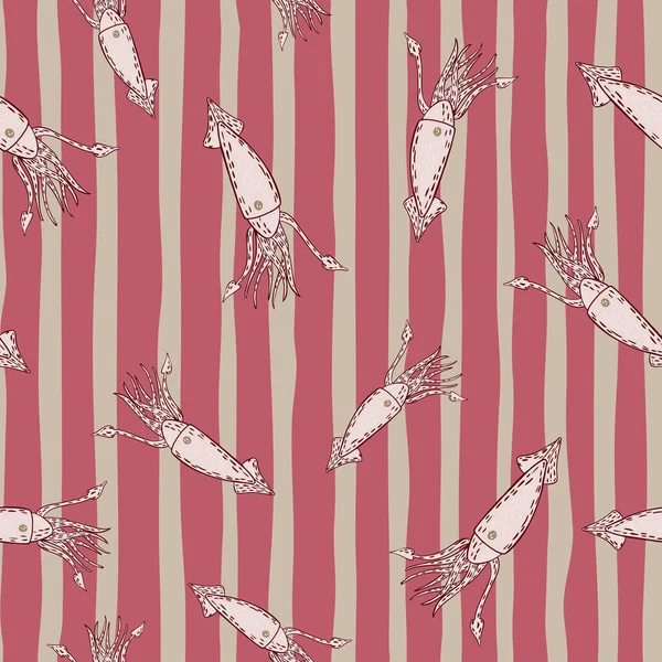 Unerwater, kalamar elementleriyle rastgele dizilmiş. Pembe çizgili arka plan. Kumaş tasarımı için dekoratif zemin, tekstil baskısı, ambalaj, kapak. Vektör illüstrasyonu