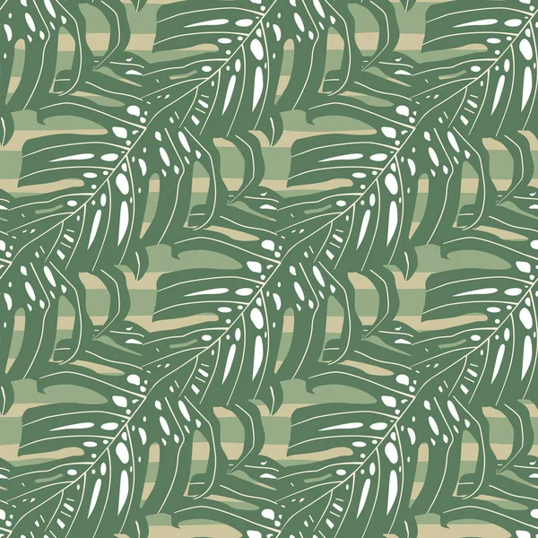 Grüne Monstera abstrakte Laub nahtlose Muster. Doodle Blätter Ornament auf gestreiftem Hintergrund. — Stockvektor