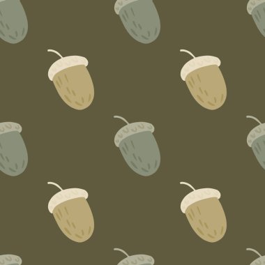 Sonbahar meşe palamudu süslemesi, lekesiz desen, soluk koyu tonlarda. Yeşil ve bej renkli sanat eserleri. Kumaş tasarımı, tekstil baskısı, ambalaj ve kapak için mükemmel. Vektör illüstrasyonu.