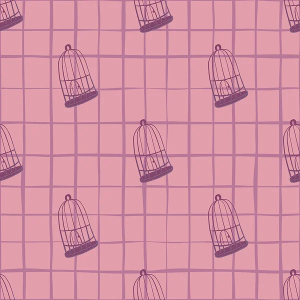 ピンクのチェックの背景に紫色の鳥のケージ輪郭の装飾とシームレスなパターンをスクラップブック ファブリックデザイン テキスタイルプリント ラッピング カバーのための装飾的な背景 ベクターイラスト — ストックベクタ
