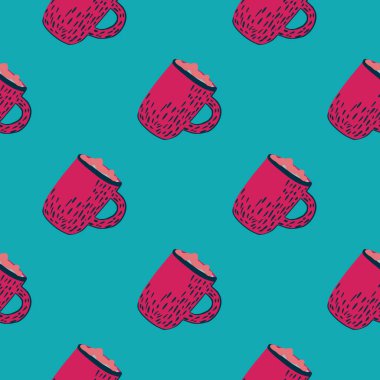 Kakao kabı şekilli, kusursuz karalama kalıpları. Mavi arka planda pembe içecek süsü. Kumaş tasarımı, tekstil baskısı, ambalaj, kapak için harika. Vektör illüstrasyonu