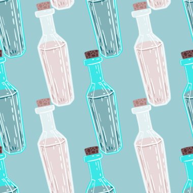 Pastel pembe ve mavi iksir şişeli, kusursuz, karalama desenli fantezi. Mavi arka plan. Kumaş tasarımı, tekstil baskısı, ambalaj ve kapak için tasarlandı. Vektör illüstrasyonu