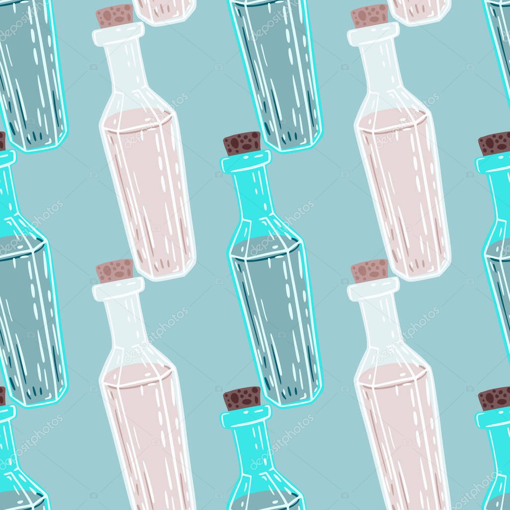Fantasy seamless doodle pattern with pastel pink and blue elixir bottles. Blue background. Designed for fabric design, textile print, wrapping, cover. Vector illustration