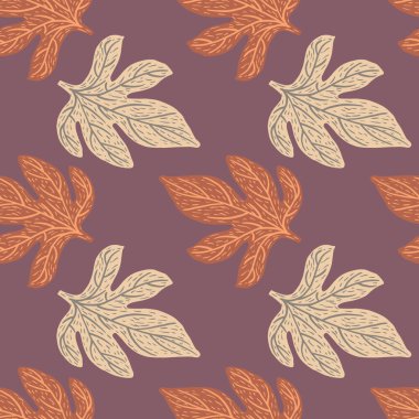 Turuncu ve açık yeşillik şekilli kusursuz doğa deseni. Pastel mor arka planda iz bırakır. Kumaş tasarımı, tekstil baskısı, ambalaj ve kapak için tasarlandı. Vektör illüstrasyonu