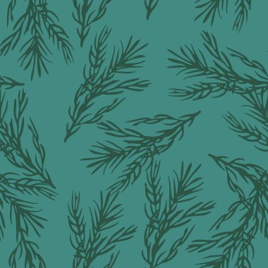 Yeşil renkli biberiye dalları olan kusursuz rastgele desenler. Mavi arka plan. Kumaş tasarımı, tekstil baskısı, ambalaj ve kapak için mükemmel. Vektör illüstrasyonu.