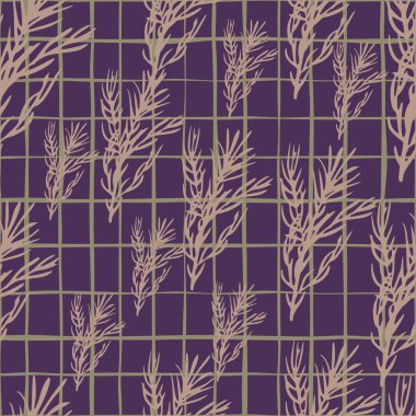 Elle çizilmiş bej biberiye dalları süslemesi olan baharatsız bir desen. Mor çizgili arka plan. Kumaş tasarımı, tekstil baskısı, ambalaj ve kapak için mükemmel. Vektör illüstrasyonu.