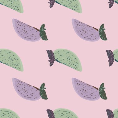 Elle çizilmiş soyut, dikişsiz, yeşil ve mor renkli hurmalar. Pembe arka plan. Kumaş tasarımı, tekstil baskısı, ambalaj ve kapak için tasarlandı. Vektör illüstrasyonu.