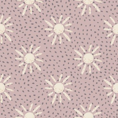 Pastel palet pürüzsüz desenli, beyaz renkli, etnik güneş desenli. Leylak lekeli arka plan. Kumaş tasarımı için dekoratif zemin, tekstil baskısı, ambalaj, kapak. Vektör illüstrasyonu.