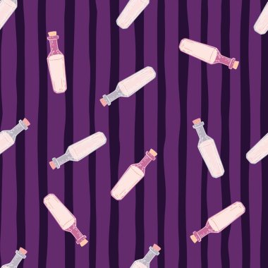 Basit ilaç şişesi süsüsüyle kusursuz desen. Mor çizgili arka plan. Laboratuvar sonuçları. Kumaş tasarımı, tekstil baskısı, ambalaj ve kapak için tasarlandı. Vektör illüstrasyonu