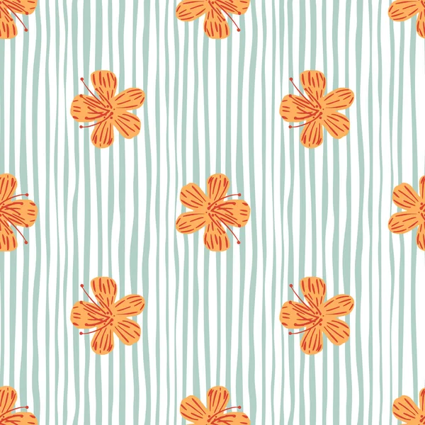 Dekorative Orangefarbene Blüten Nahtlos Kreatives Muster Weiß Und Blau Gestreift — Stockvektor